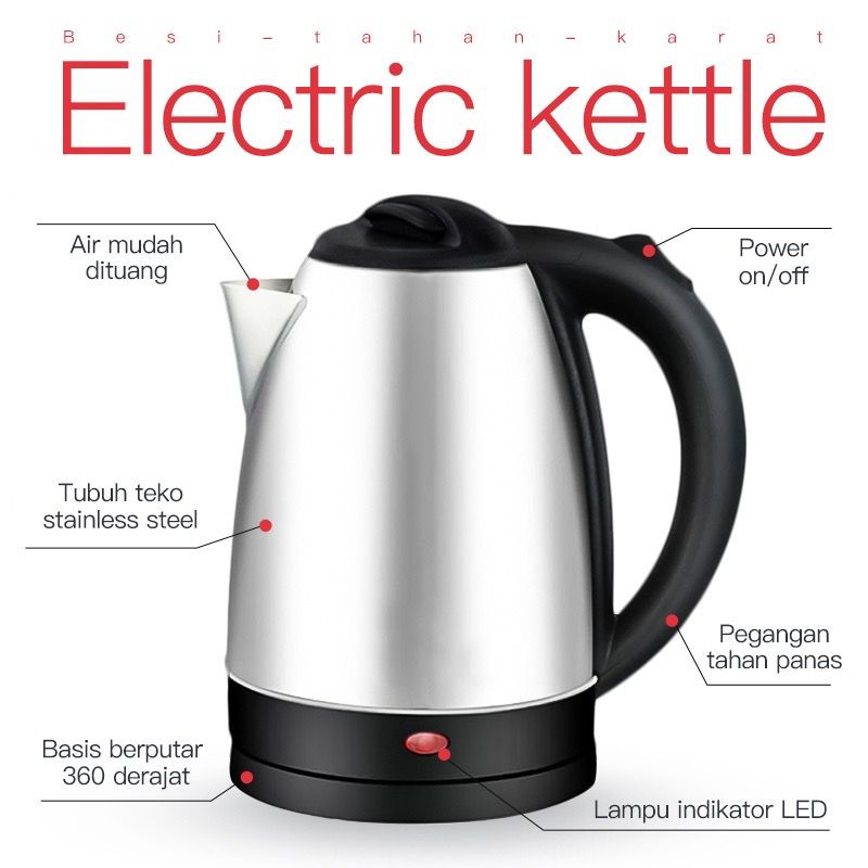 Teko Listrik Electric Kettle Stainless Steel 1.8 Liter  Teko listrik pemanas air kettle electric kapasitas 1.8L Kualitas Terbaik