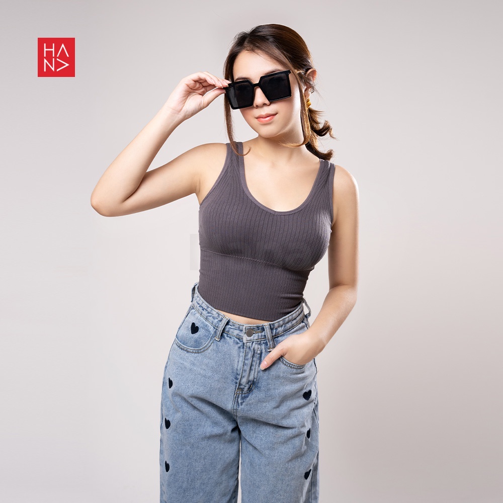 Hana Fashion - Saddie Ribbed Crop Tank Top Rajut Wanita Sport Bra with Bra Cup - TT300