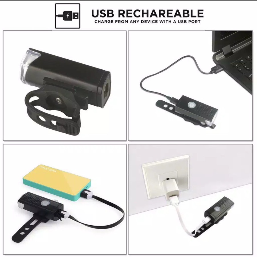 [BISA COD] Lampu Depan Sepeda LED 300LM Battery Charge  Bicycle LED USB Waterproof  Anti Air Original Box lengkap