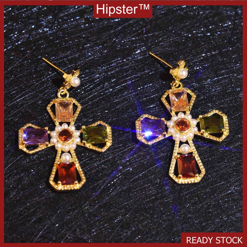 New Fashion Personalized Color Diamond Cross Stud Earrings