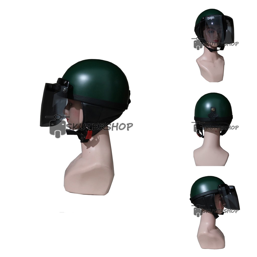 Andriawanhs Helm Chips Chips Club New Cat Retro Klasik Hijau Army Doff + Kaca Bogo Datar Smoke