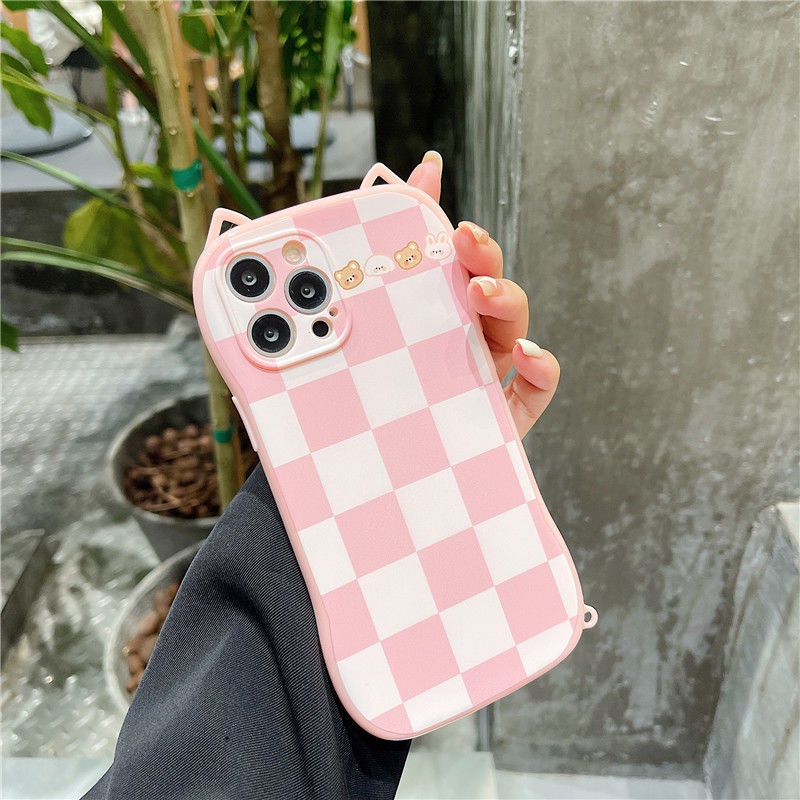 Case Desain Telinga Kucing Kotak-Kotak Untuk Iphone 11 12 Pro Max Xr Xsmax 7 8 Plus Se2020