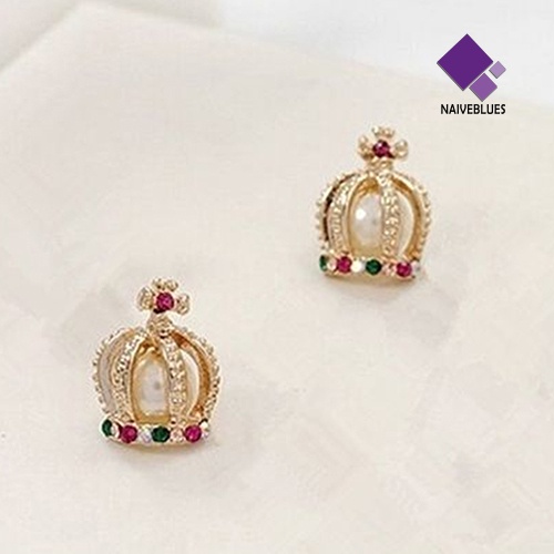 Anting Stud Desain Mahkota Princess Warna-Warni Aksen Mutiara Berlian Imitasi