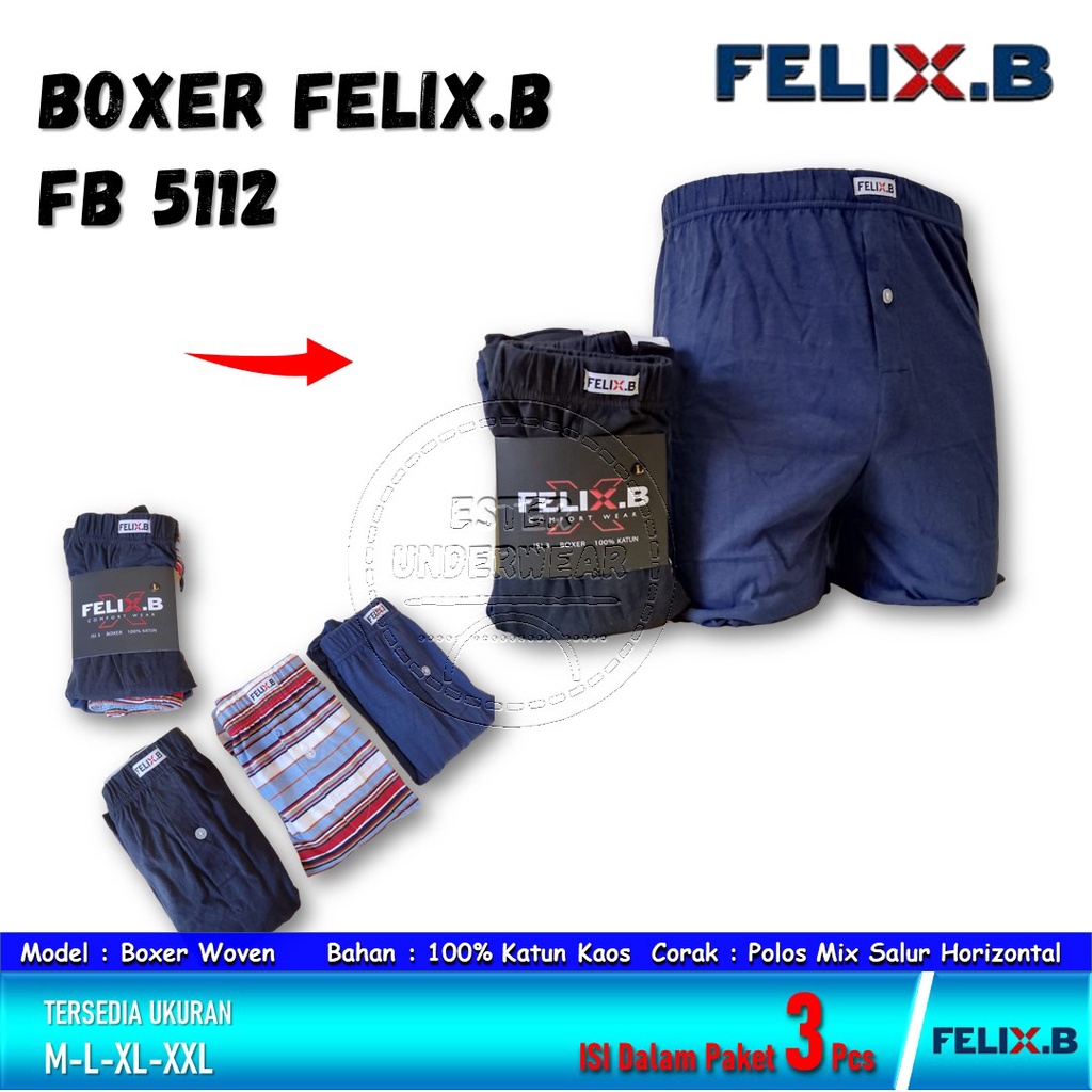 Felix.B Celana Boxer Pria FB 5112 ISI 3Pcs Motif Polos