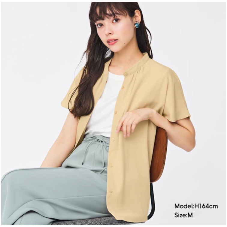 BLOUSE WANITA GU Airy band collar  TANGAN PENDEK-6