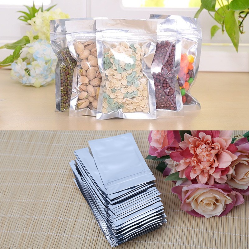 CRE  50 Pcs 7x13cm Silver Aluminum Foil Mylar Recloeable Ziplock Bag Front Clear Leak Proof