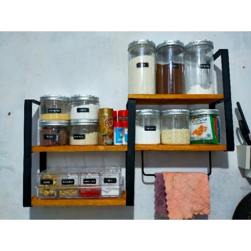 rak dapur minimalis kayu dan besi multifungsi rak dinding