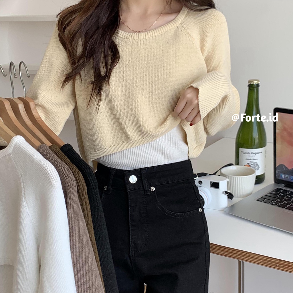 Kaos Rajut Lengan Panjang Wanita Korean Style Knit Crop Top Baju Sweater