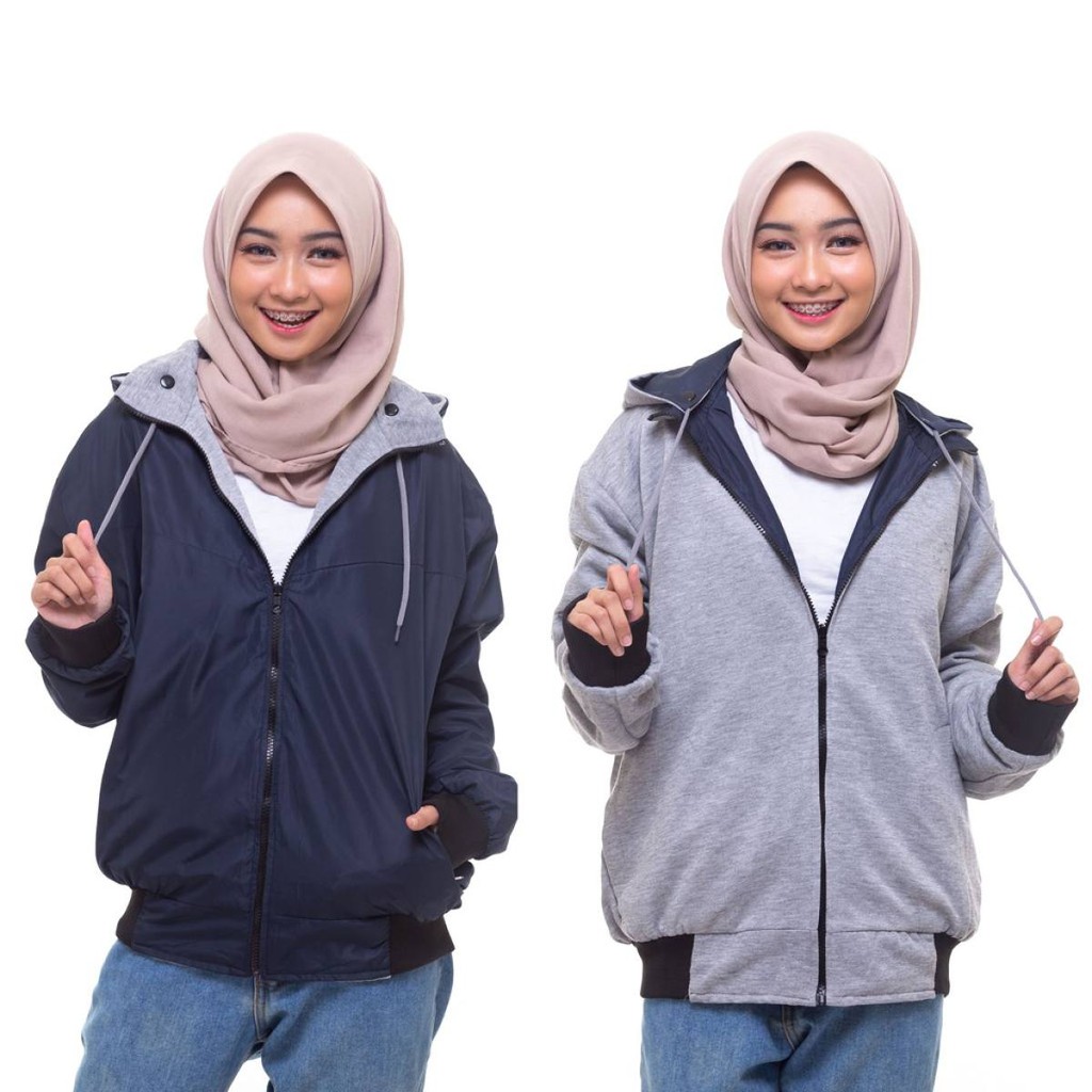 JAKET BOLAK BALIK 2in1 Bomber Parasut Fleece Hoodie Wanita Murah Kualita- Hitam/Navy/Maroon/Army/Abu