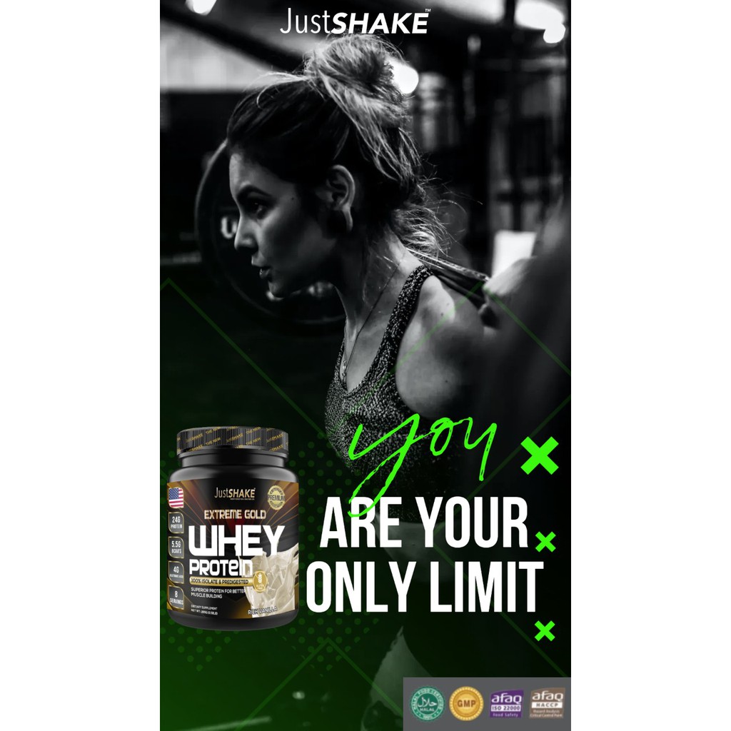 JUSTSHAKE EXTREME GOLD WHEY PROTEIN /SUSU PEMBENTUK OTOT PRIA DAN WANITA (berat265gr)