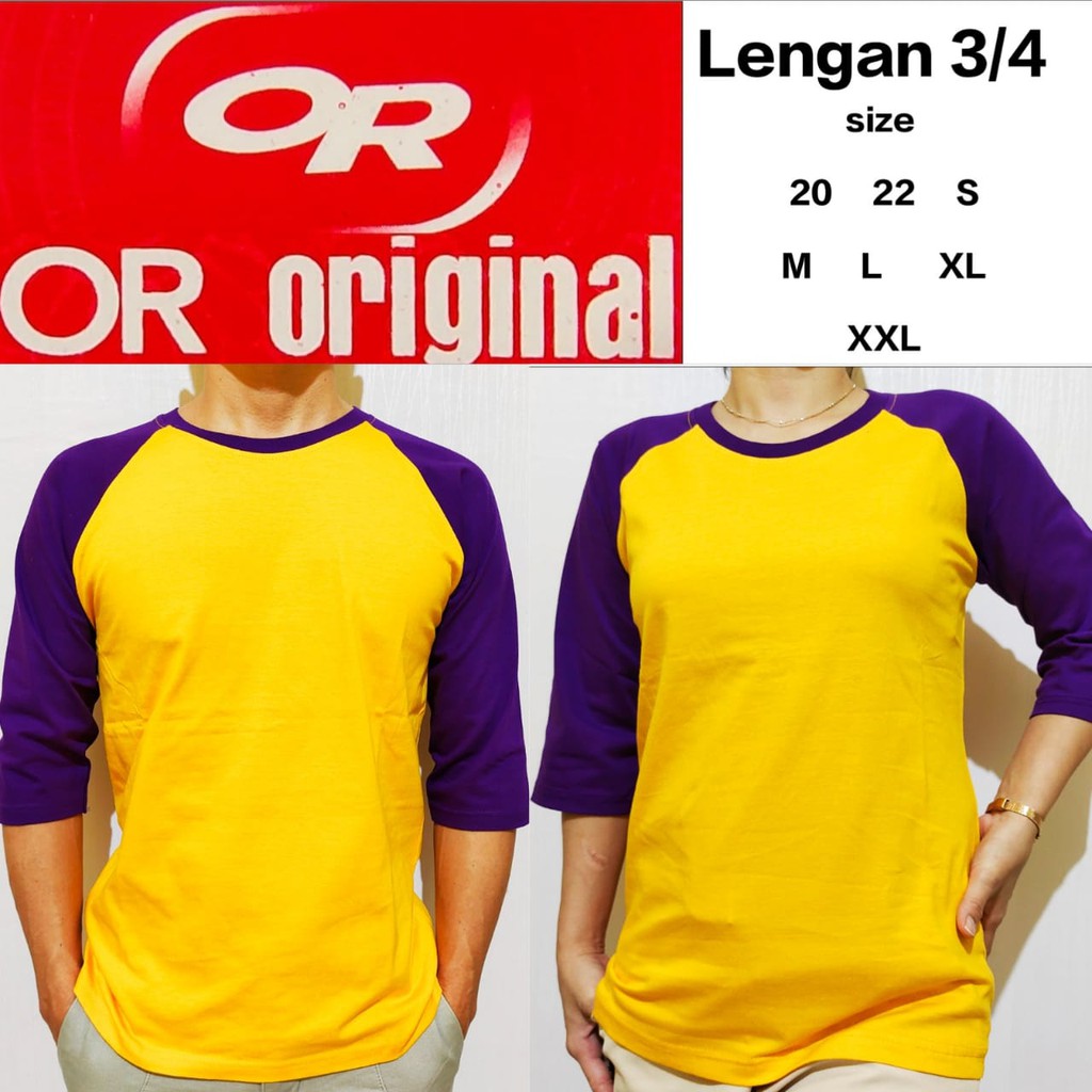 Kaos Polos Reglan Kuning Lengan Ungu 3/4 size 20 22 S M L XL XXL