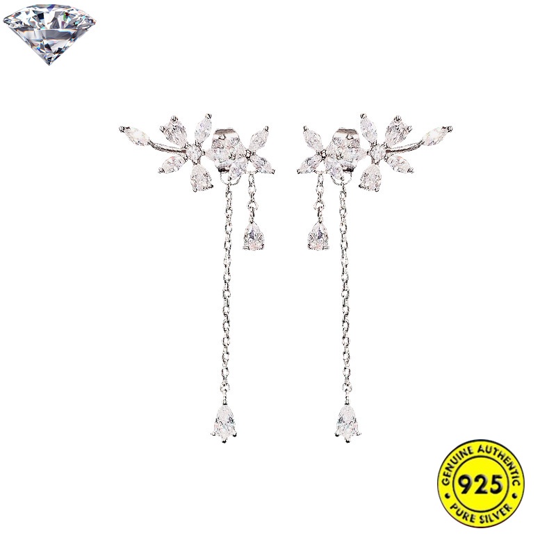 Anting Rumbai Bentuk Bunga Aksen Berlian Bahan S925 Silver Gaya Korea Untuk Wanita