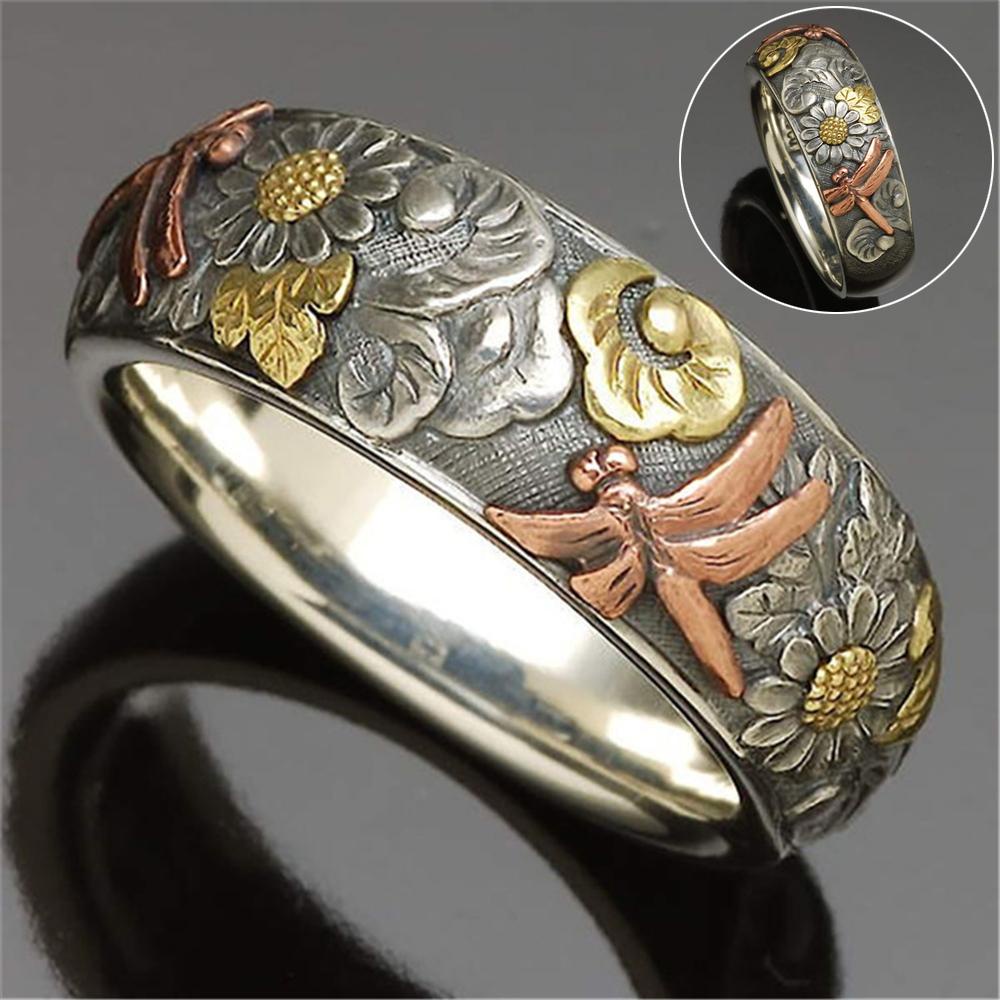 Lily Vintage Capung Cincin Perhiasan Retro Bunga Cincin Rock Rose Gold Hip Hop Gothic