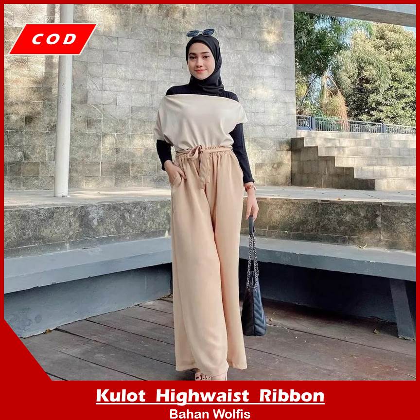 Celana Kulot Wanita Ribbon Pants Wolfis Highwaist Casual Tali Daily