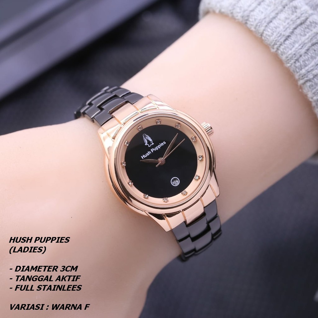 ( BISA COD ) JAM TANGAN WANITA HUSH PUPPIES RANTAI BODY BULAT TANGGAL AKTIF