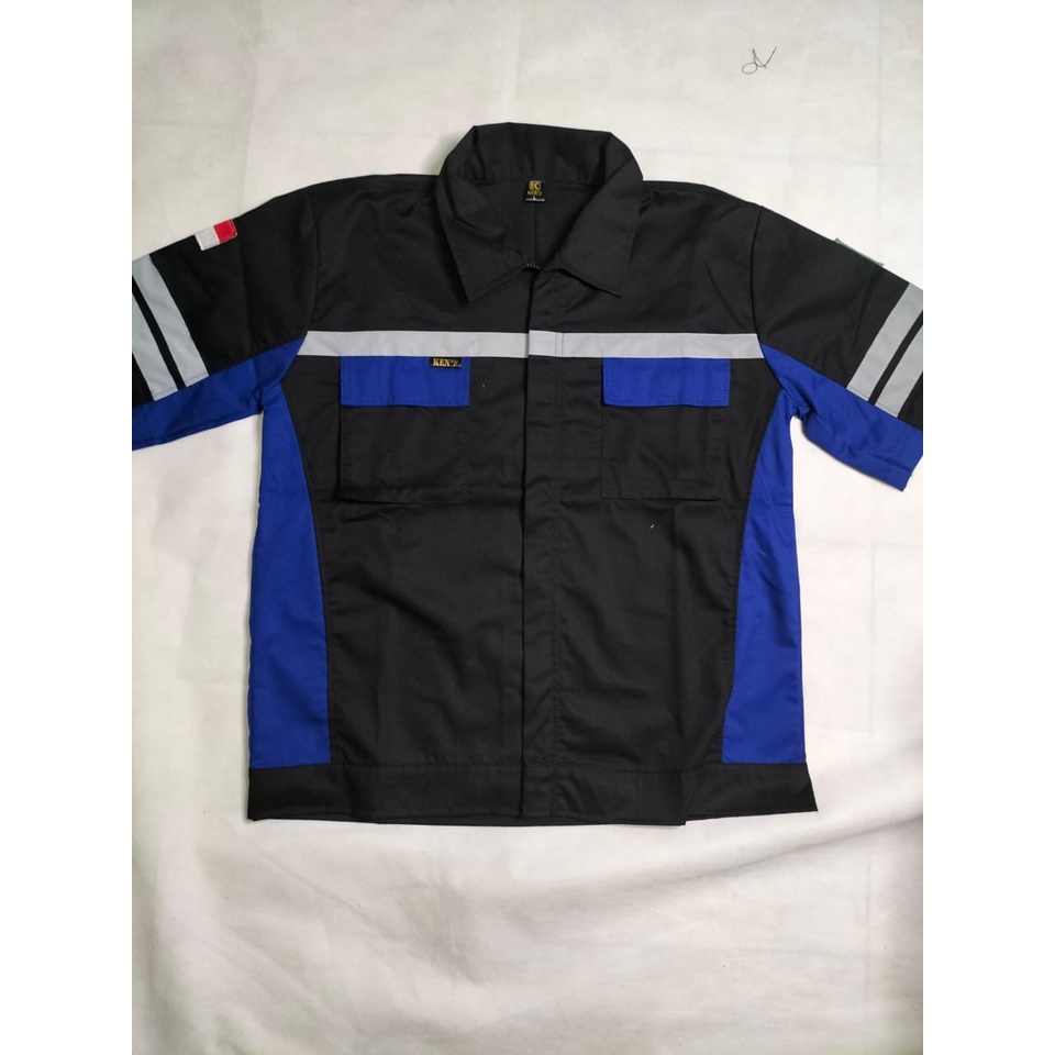 Baju Safety Wearpack Lengan Pendek | Kemeja Proyek Atasan Biru Benhur Hitam