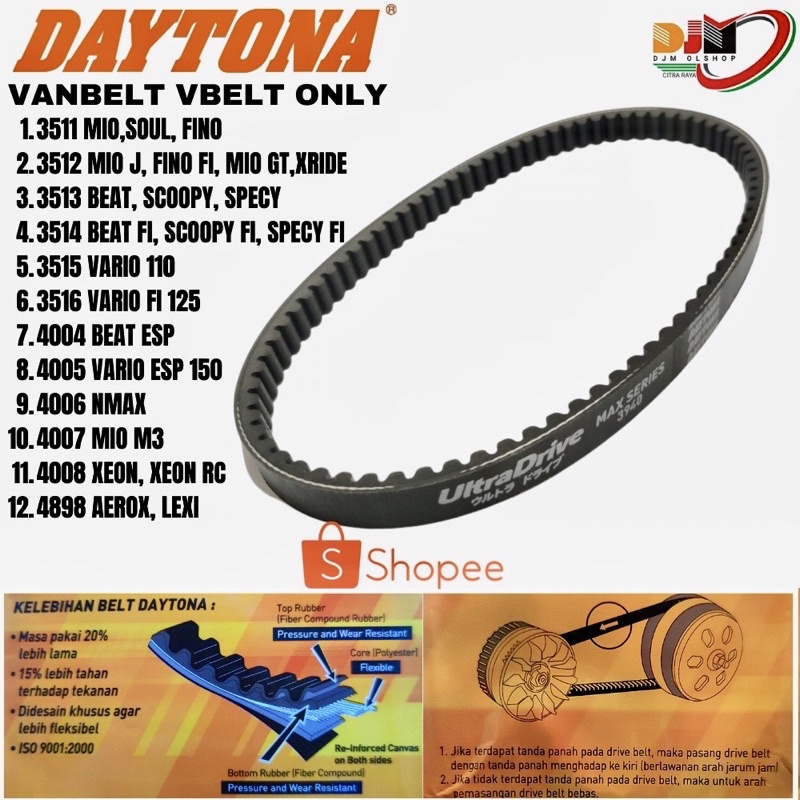 DAYTONA V-BELT VANBELT ONLY BEAT FI MIO J MIO XEON VARIO 110 N-MAX AEROX LEXI