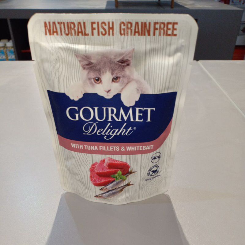 GOURMET DELIGH Mackerel tuna salmon chicken crab pouch 80gr makanan basah kucing GRAIN FREE