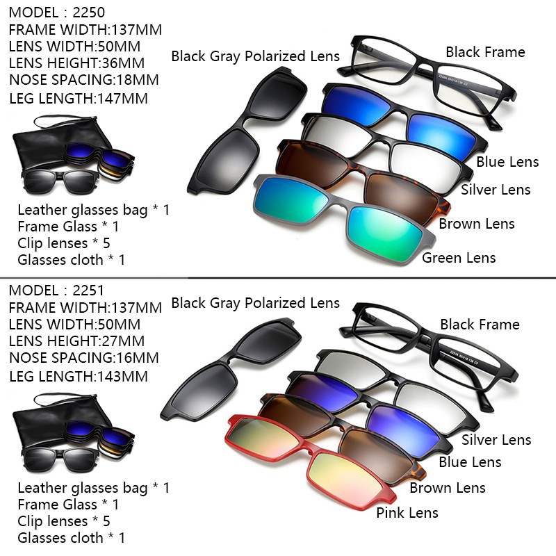 (YUZHU) Kacamata Hitam 6 In 1 Lensa HD Polarized Dengan Klip on Magnetik Tempat Dari Kulit