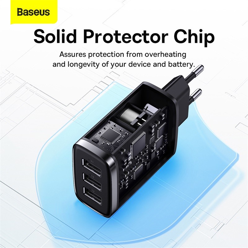 Baseus Original Adaptor Charger Compact 17W 3.4A 3 USB Port Kepala Adapter Casan Tiga Lobang Ori