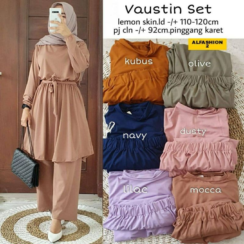 Vaustin Set, SETELAN WANITA MUSLIM POLOS CANTIK JUMBO BAHAN LEMON SKIN PREMIUM LD 110-120 TERMURAH