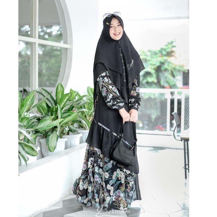 Gamis Syari Ceruty BabyDoll Print Set Khimar Ceruty 2 layer FULL FURING ORI By Bermerks #MARYAMDAUN