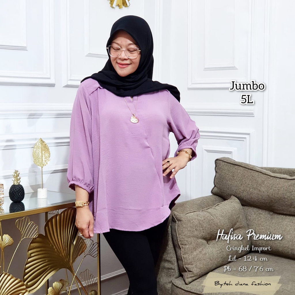 Atasan Wanita Jumbo / Baju Atasan Wanita Jumbo / Blouse Wanita Jumbo Import Hafisa Crinkle Polos Import Ld 124-3