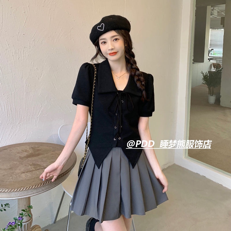 pro manis dan pedas desain tali rasa ramping polo kerah lengan pendek T-shirt wanita musim panas nic