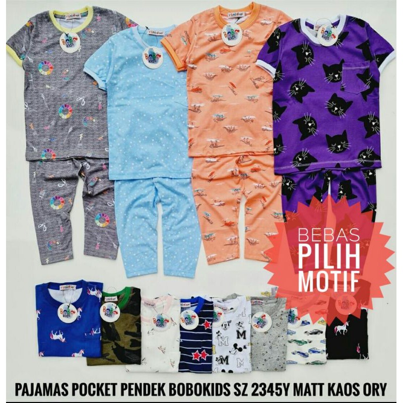 Set Setelan Pajamas Piyama Kaos Anak Pocket Bobokids Usia 1 - 4Tahun
