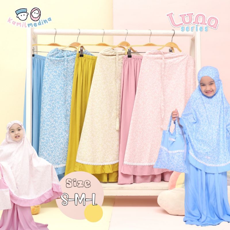 READY  Mukena Anak Luna Series Katun Rayon  STOK S PINK dan BIRU Sz M OLIVE dan pink
