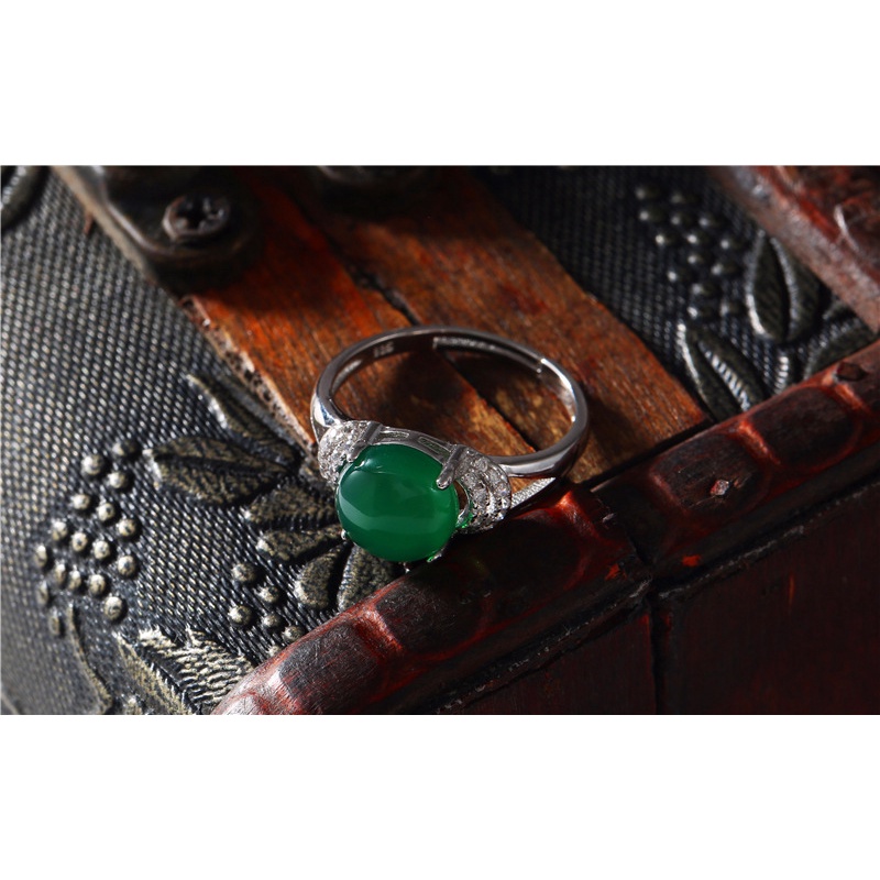 Gaya Klasik Zamrud/Hijau Giok Cincin Yang Dapat Disesuaikan Perak 925 Asli Cincin untuk Wanita Retro Perhiasan