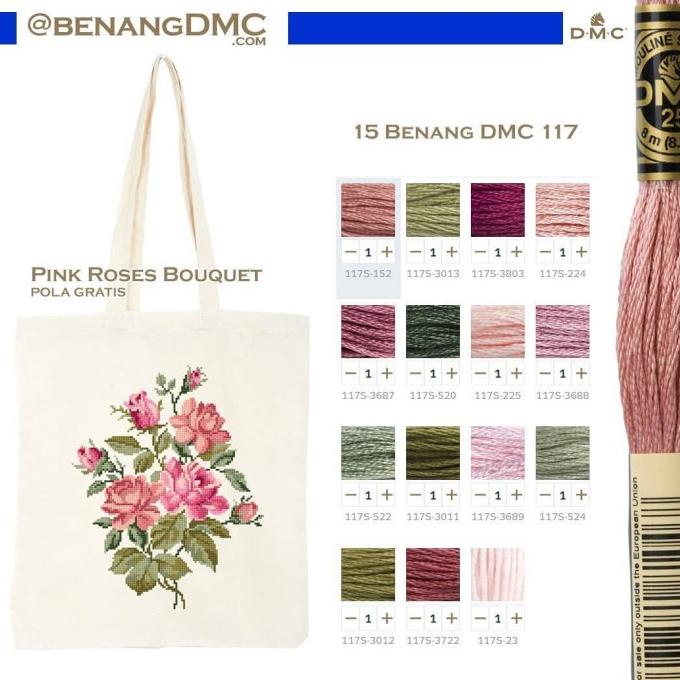 Paket 15 Pcs Benang Sulam Kristik DMC Art 117 GRATIS Pola Bunga Mawar