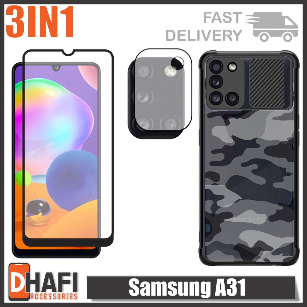 Case Samsung A31 Paket 3in1 Softcase Slide Army Free Tempered Glass Layar Dan Tg Camera