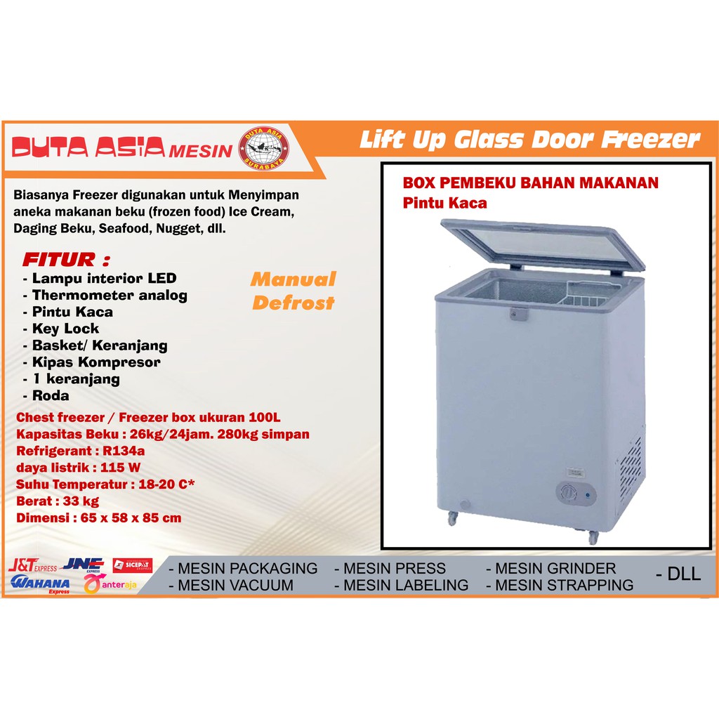 LIFT UP GLASS DOOR/ BOX FREEZER PINTU KACA BUKA ATAS VOLUME 100L