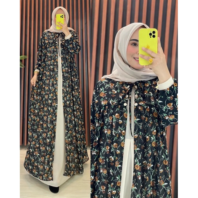 (TERBARU)ALORA CREM/gamis outer/semi cardigan/gamis set outer/gamis motif/gamis bunga/gamis printing