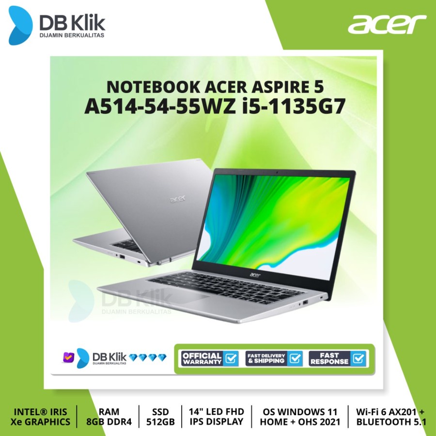 Notebook ACER ASPIRE 5 A514-54-55WZ i5-1135G7 8/512G NoDVD W11+OHS 14"
