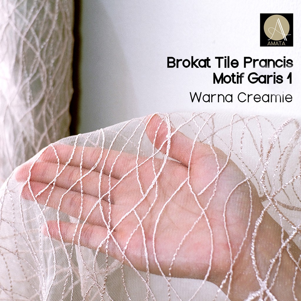 1/2 meter Kain Brokat Brukat Tile Prancis Bahan Kebaya Motif Garis Warna Cream Amata