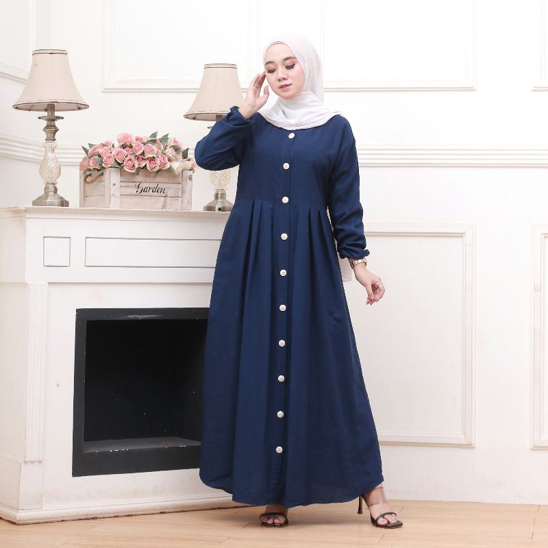 BAJU GAMIS RAYON POLOS TERBARU MODEL KEKINIAN FULL KANCING-Navy