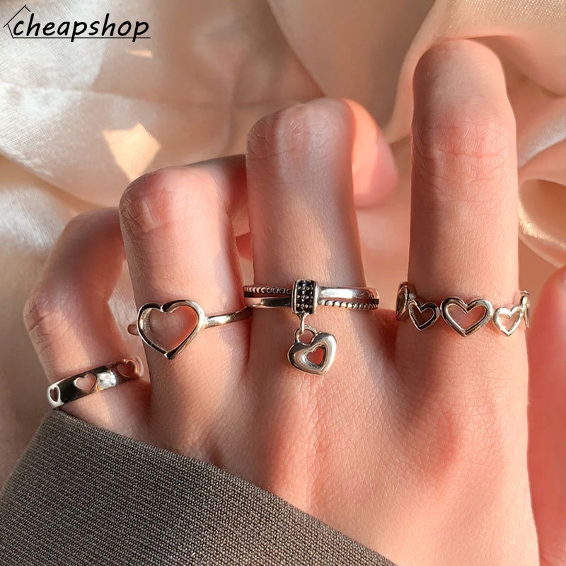 IFYOU 4pcs / set Cincin Jari Bentuk Hati Warna Silver Gaya Vintage Korea Untuk Wanita