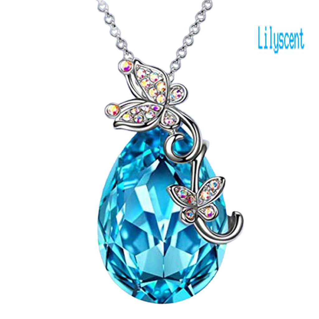 Kalung Rantai Desain Butterfly Waterdrop Aksen Kristal Imitasi Warna Biru Bahan Silver Plated Untuk Wanita