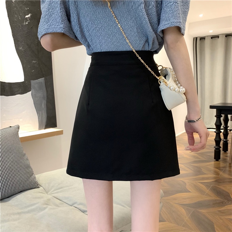 Hitam split suit rok wanita musim panas tas pinggang tinggi pinggul A-line rok pendek rok ramping ro