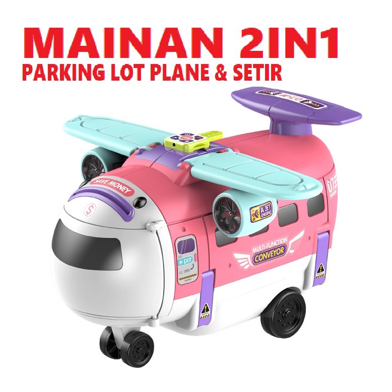 MAINAN ANAK DIY EDUKASI 2IN1 PESAWAT AIRPLANE TRANFORMER PARKING LOT SIMULATOR SETIR MOBIL MUSIK LAM