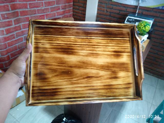 Baki Kayu / Nampan Kayu / Tray Kayu Pinus Motif Bakaran 40 x 30