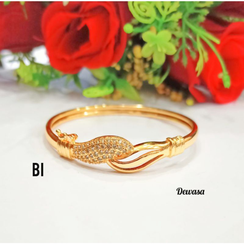 Gelang Bangkok Dewasa Permata Zircon Buka Samping Perhiasan Wanita Gold Modern (COD)