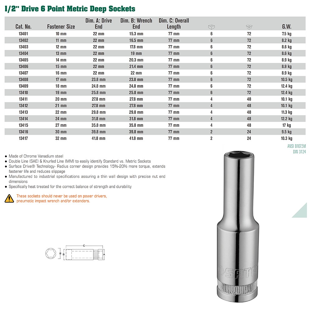 SATA TOOLS 1/2 inch DEEP SOCKET 30 MM DR.6PT 13416