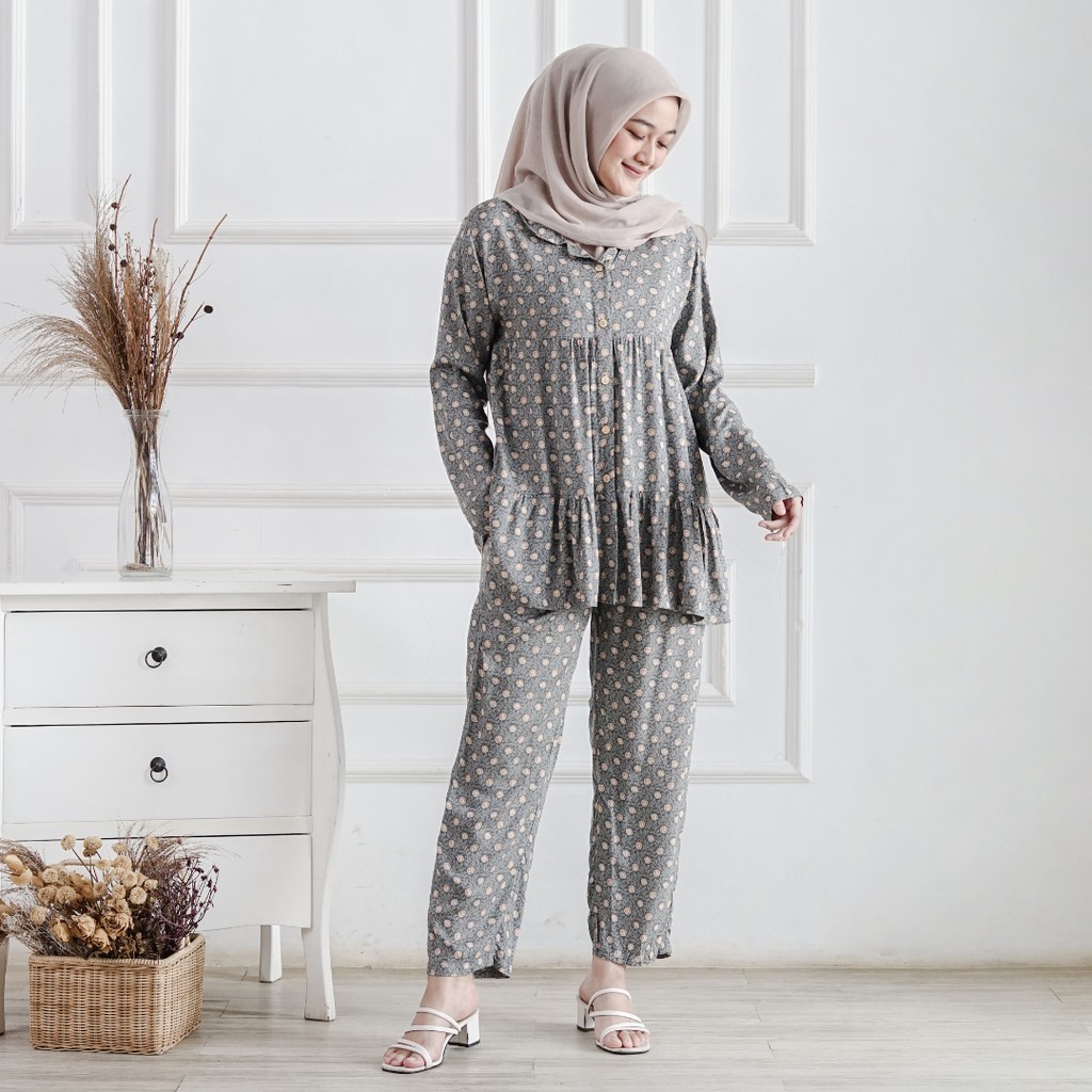Piyama Salsa Grey  One set Rayon Premium Setelan Piyama Motif Terbaru