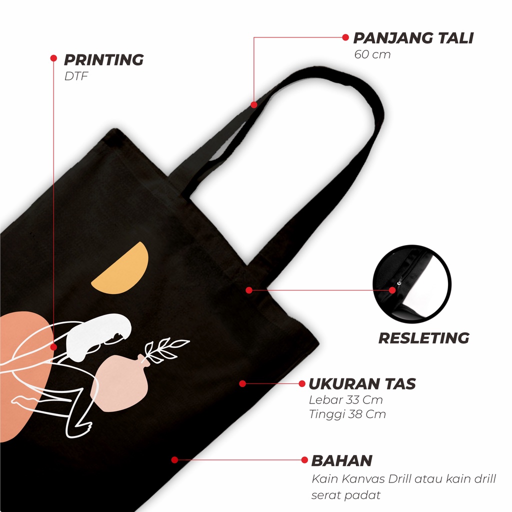 Sevine Totebag Tas Wanita Tote Bag Resleting Fashion Line art Hijab Black Series - WHF6