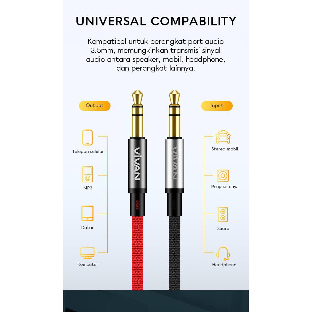 VIVAN AUX01 100cm Hi-Fi Sound Gold Plated Jack Nylon AUX Audio Cable Smooth Music Play