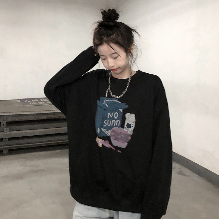 Kotak Cat Air Bermotif Leher Bulat Sweater Lengan Panjang Longgar Untuk Wanita