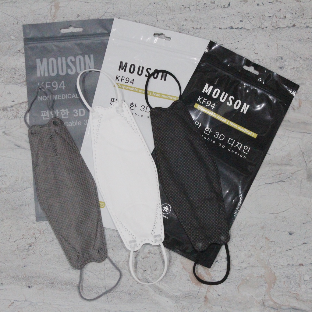 Masker KF94 Mouson Emboss Original Warna Hitam Black Abu Grey Putih White 4 Ply Per pack isi 10 pcs